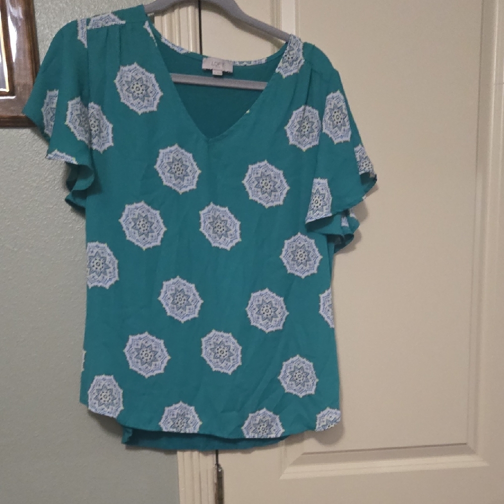 LOFT Teal V-Neck Flutter Sleeve Top with White Medallion Print